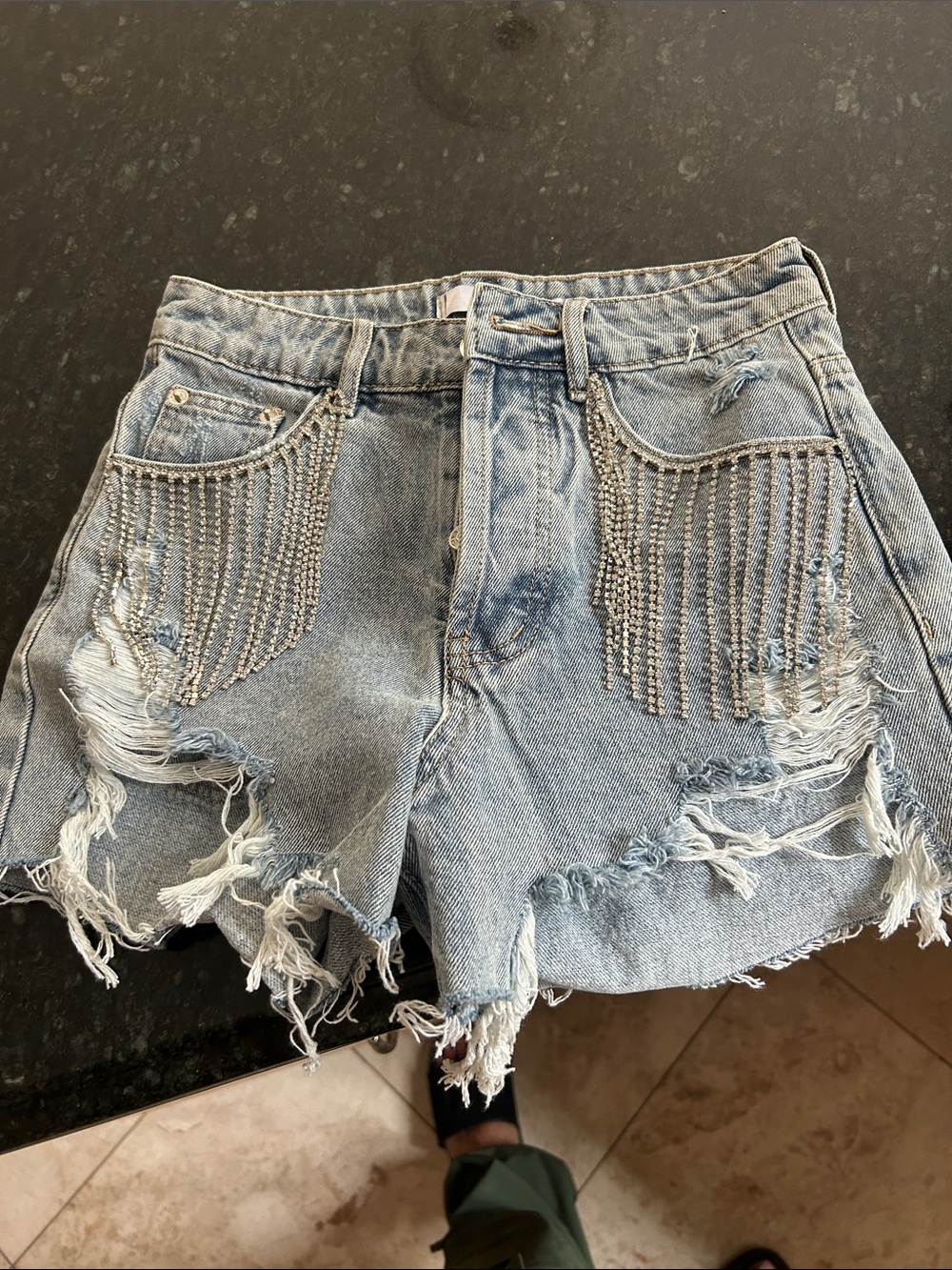 Adika Light Blue Distressed Denim Shorts with Rhinestone Fringe Chains